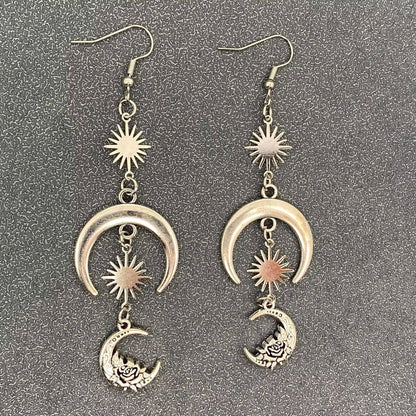 Silver Tone Star Moon Linked Dangle Earrings
