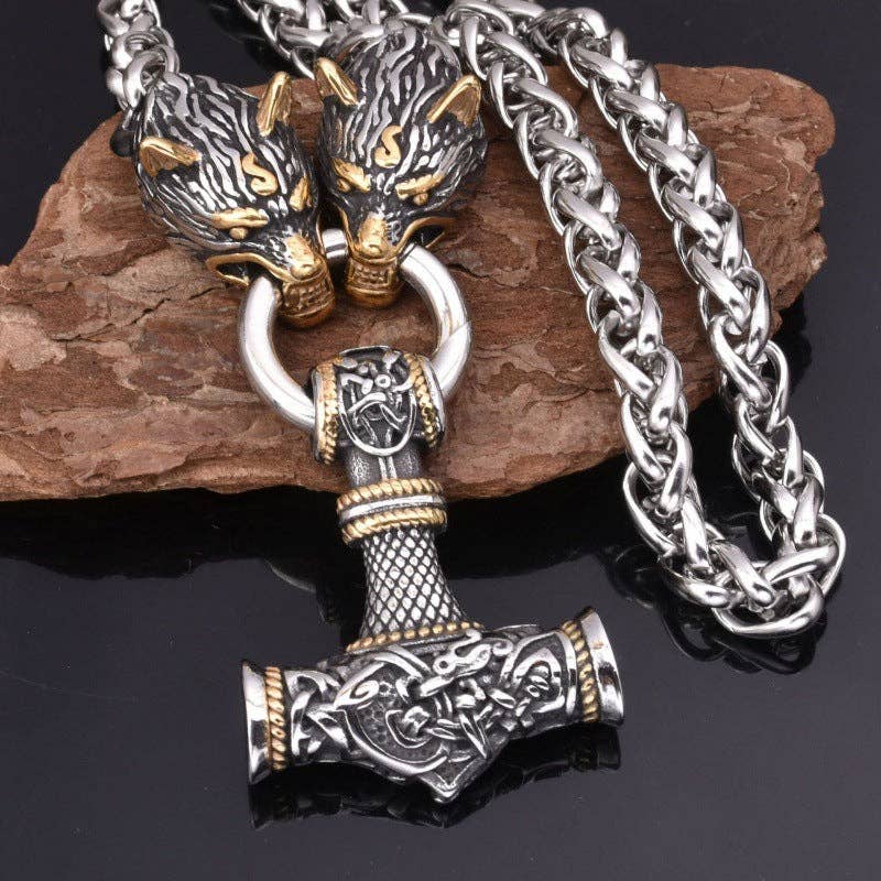 Rune Hammer Pendant Wolf Head Necklace