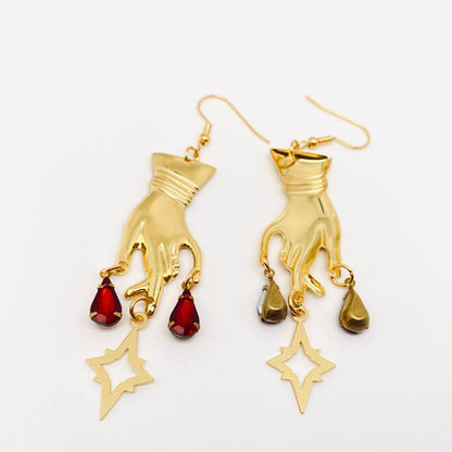Fortune Teller Golden Hand Red Rhinestone Pendant Earrings Gothic