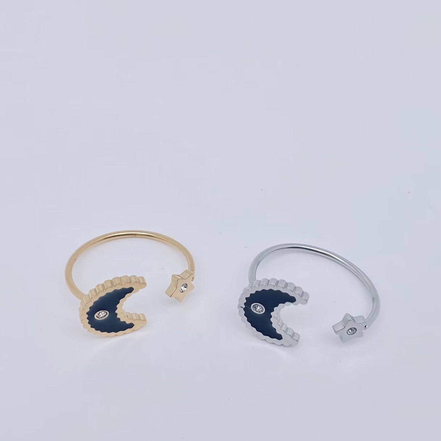 Black Enamel Moon & Star Stainless Steel Adjustable Ring