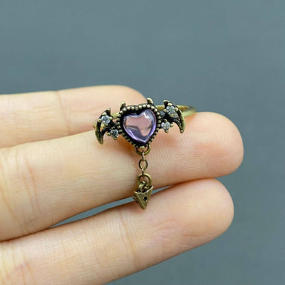 Purple Rhinestone Demon Heart Bronze Adjustable Ring