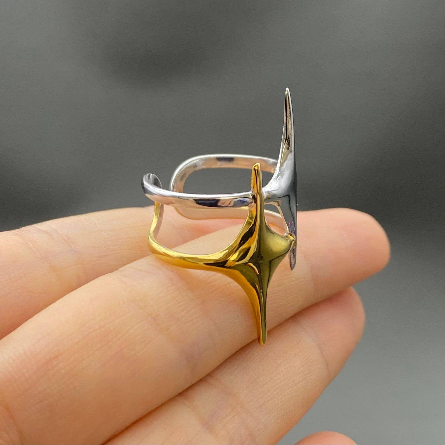 Two Tone Double Star 18K Gold Plated S.Steel Ring