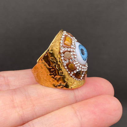 Evil Eye Swarovski Crystal & Inlaid 18K Gold Plated Stainless Steel Ring