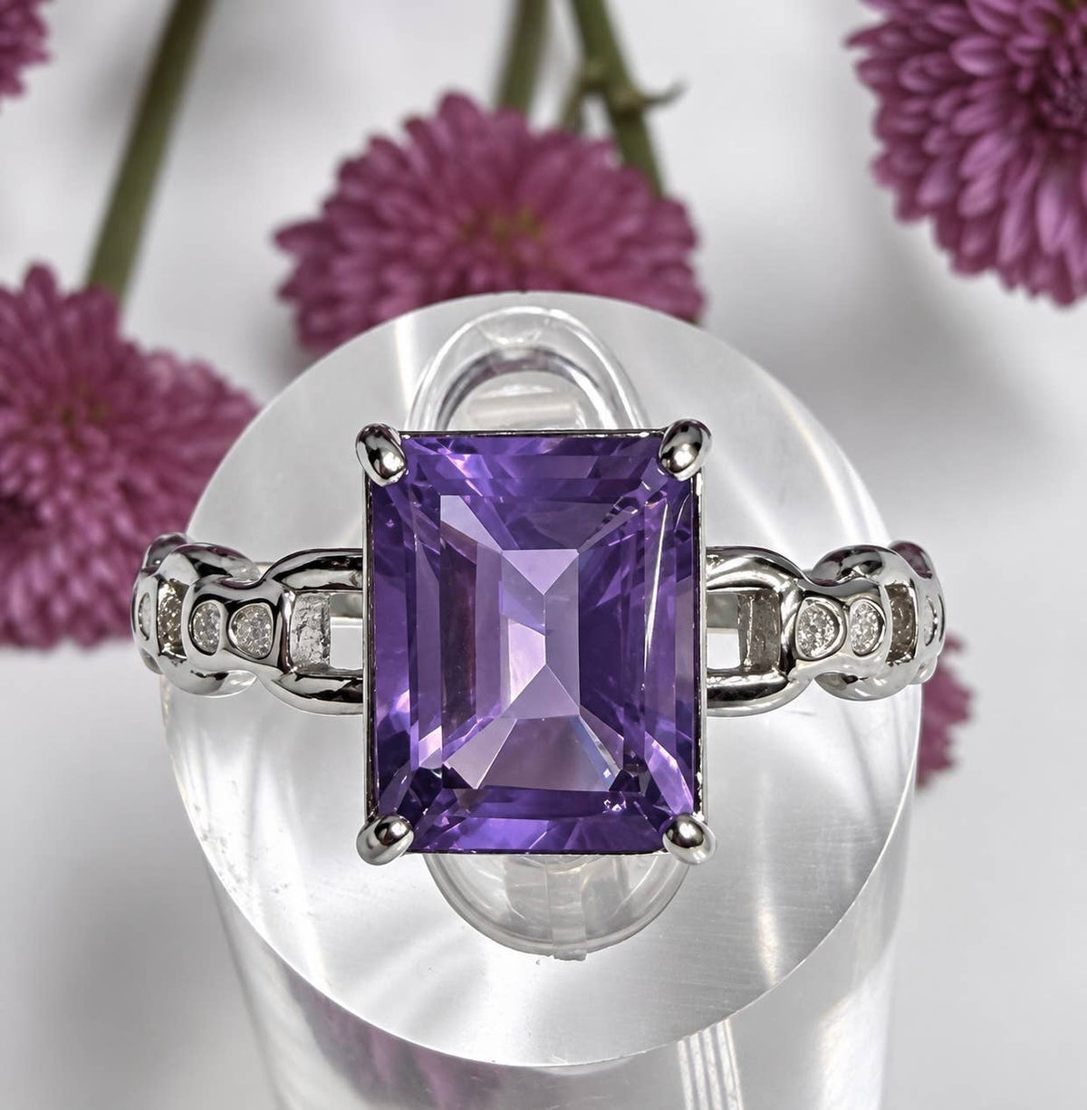 Natural Amethyst Emerald Cut Stainless Steel Ring 7x9mm