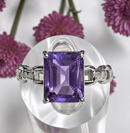 Natural Amethyst Emerald Cut Stainless Steel Ring 7x9mm