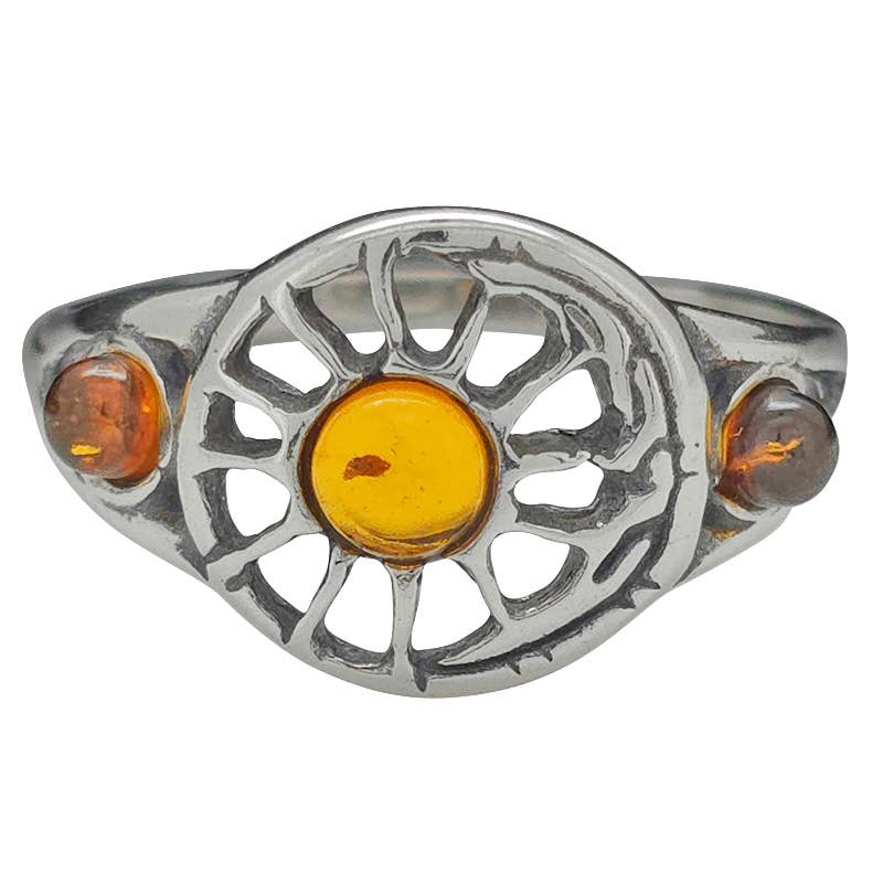 Amber Sterling Silver Sun & Moon Ring