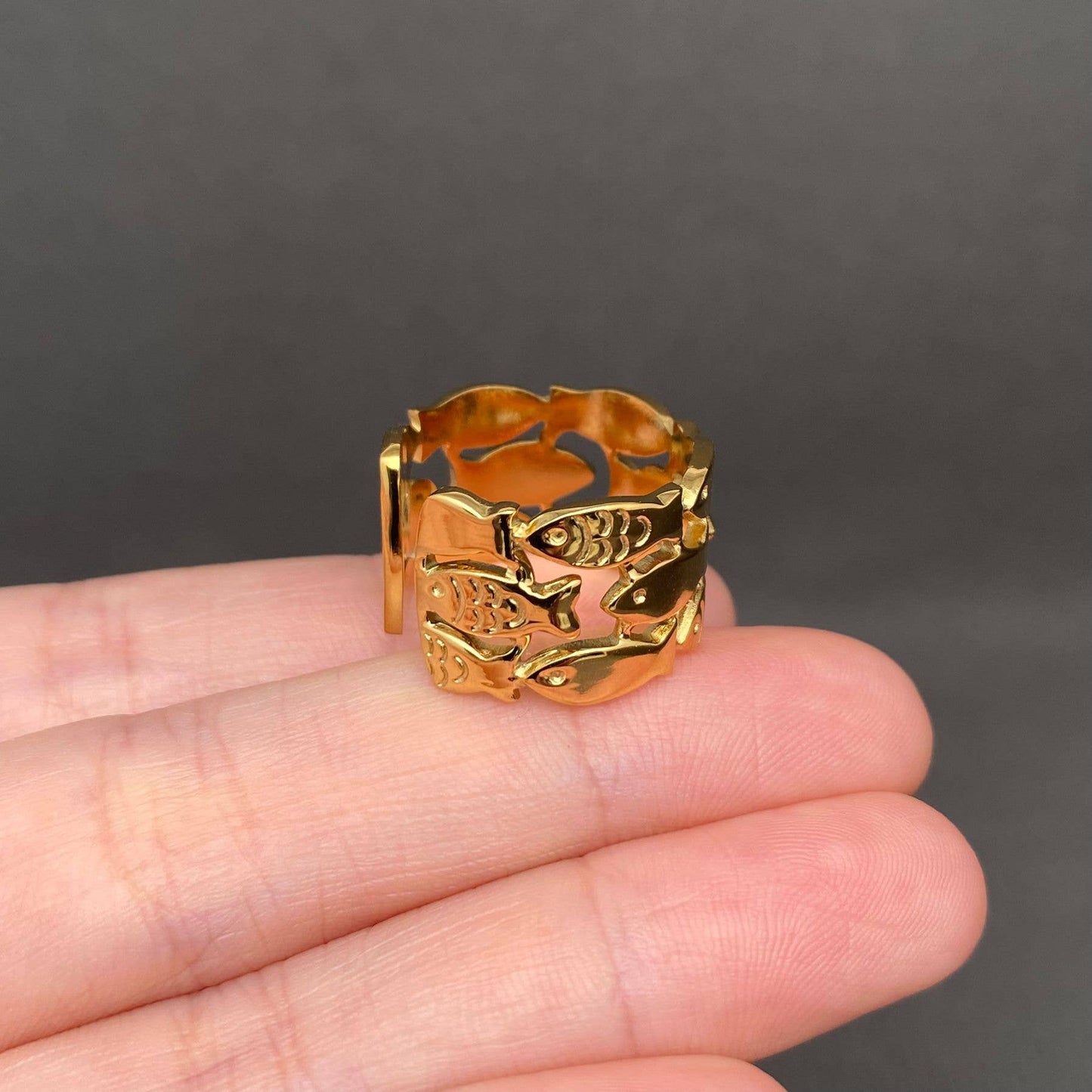 Shoal of Fish 18K Gold Plated Stainless Steel Ring - Adjustable