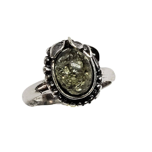 Green Amber Sterling Silver Ring