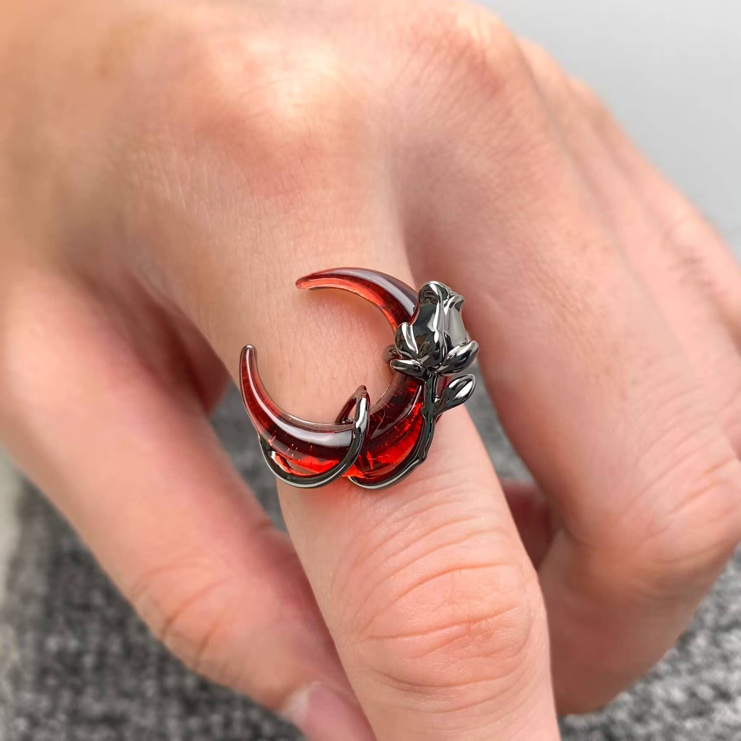 Gothic Rose Wrapped Red Crescent Moon Ring