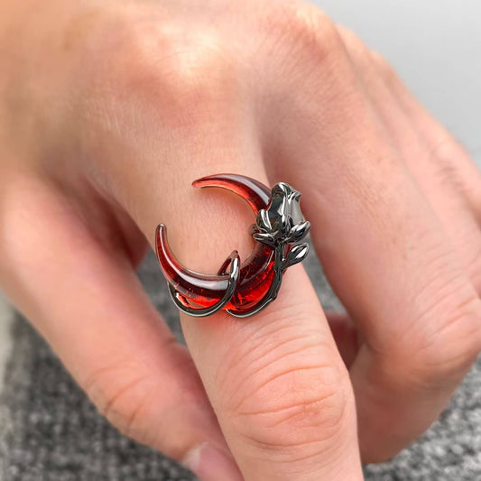 Gothic Rose Wrapped Red Crescent Moon Ring
