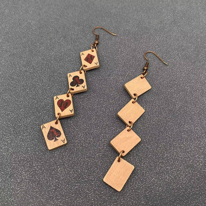 Wooden Ace Poker Cards Linked Dangle Earrings