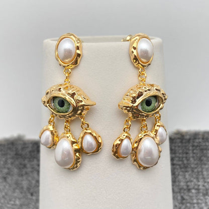 Temperament Evil Eye & Pearl Charm Dangle Earrings