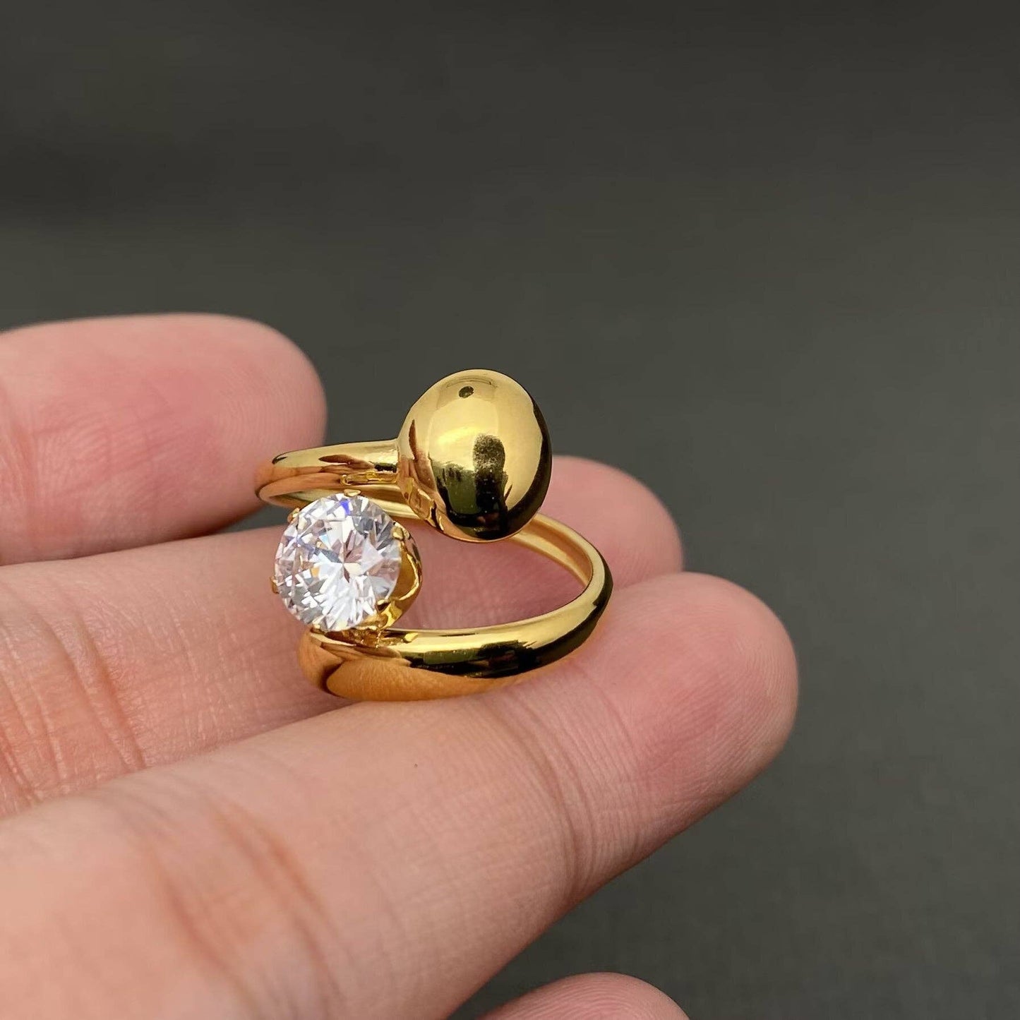 Zirconia Inlaid Irregular Geometry 18K Gold Plated Stainless Steel Ring