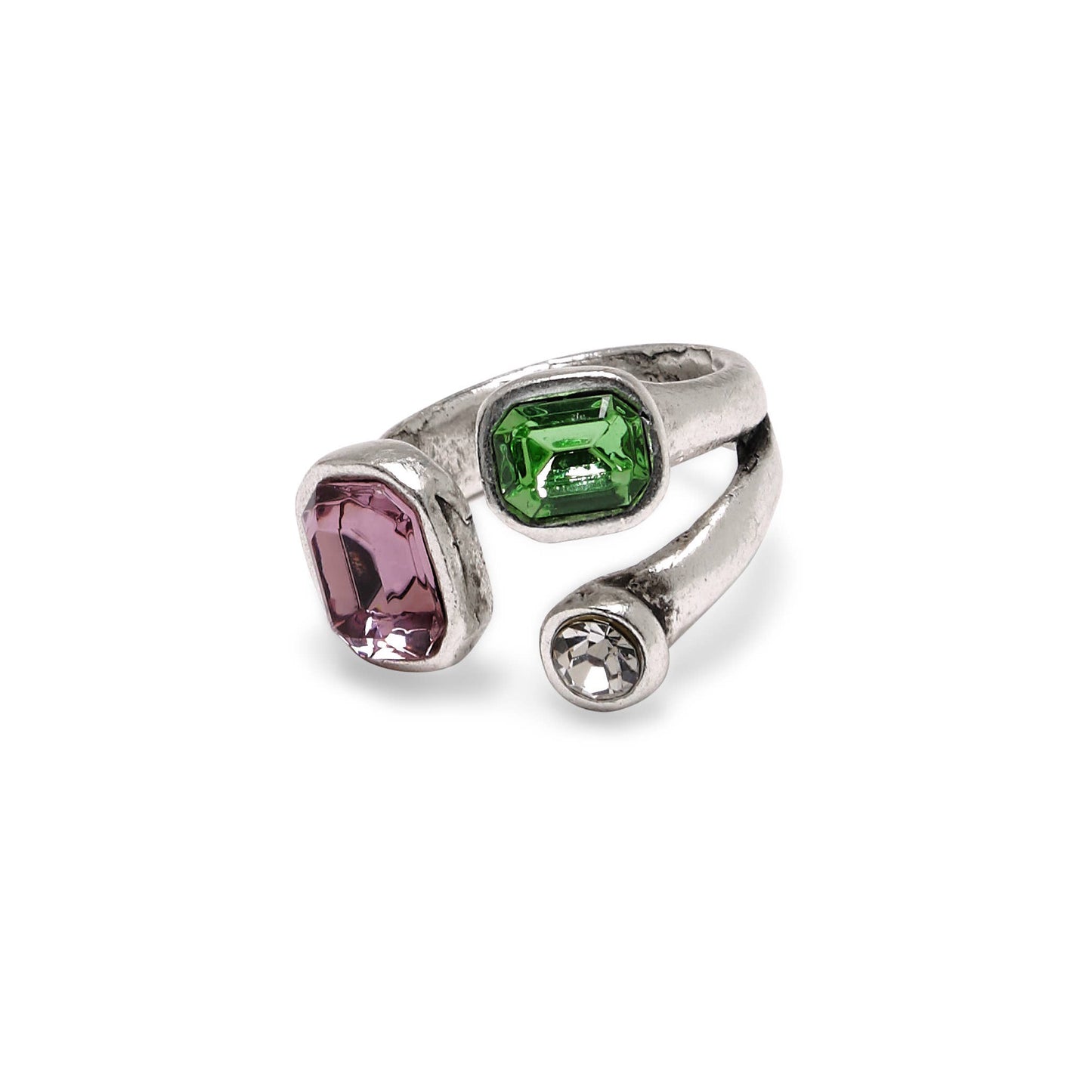 Handmade  Green Pink Swarovski Crystal 945 Silver Plate Ring