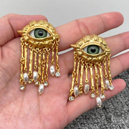 Turkish Nazar 🧿 Evil Eye Freshwater Pearl & Cubic Zirconia Tassel Post Earrings