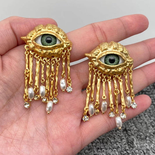 Turkish Nazar 🧿 Evil Eye Freshwater Pearl & Cubic Zirconia Tassel Post Earrings