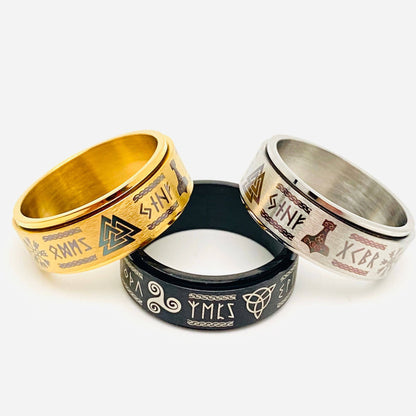 Viking Stainless Steel Heraldic Totem Rune Rotatable Rings