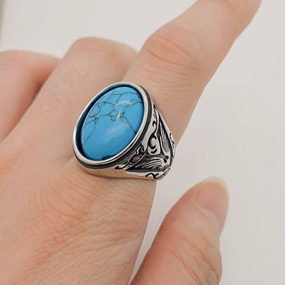 Stainless Steel Engraved Ring with Black Agate