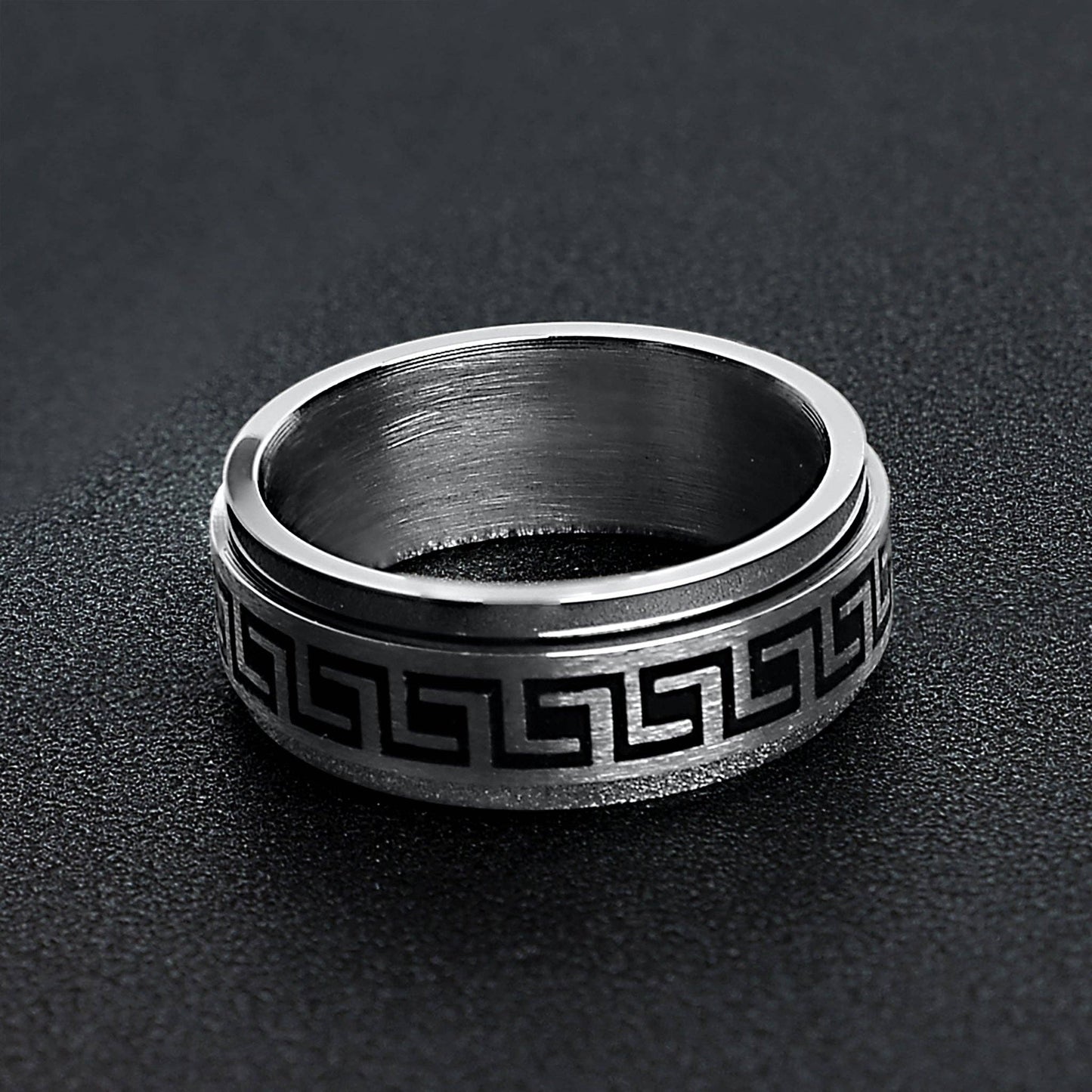 Black Greek Key Spinner ☆ Stainless Steel Ring