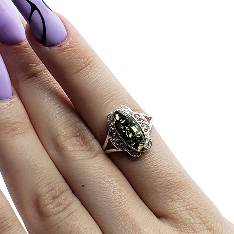 Green Amber Sterling Silver Adjustable Ring