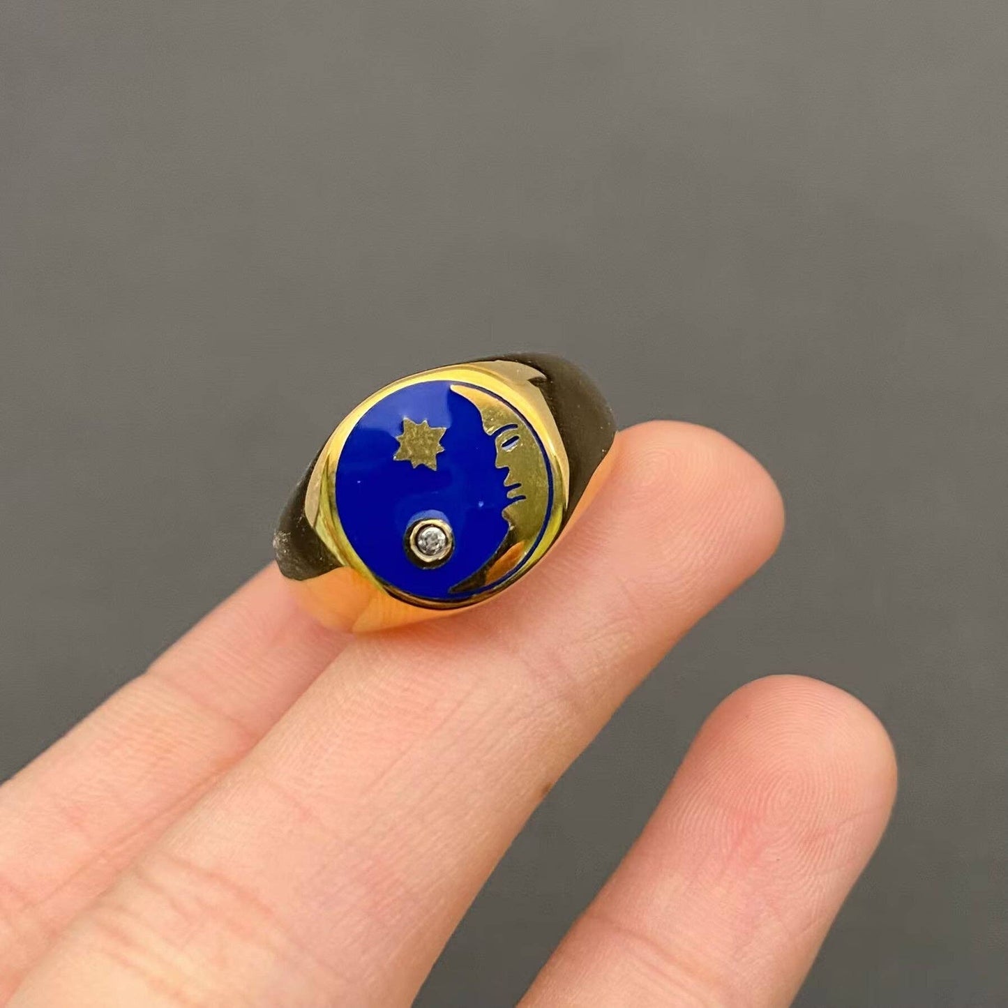 Enamel Star Moon 18K Gold Plated Stainless Steel Ring