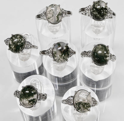 Natural Moss Agate Stainless Steel Rings - Herkimer Diamond Details