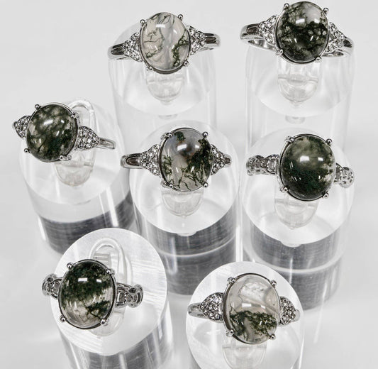 Natural Moss Agate Stainless Steel Rings - Herkimer Diamond Details