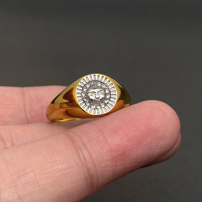 Two Tone Sun Signet 18K Gold Plated Stainless Steel Ring