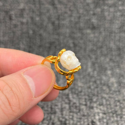 Gothic Freshwater Pearl Carved Skull Adjustable Ring