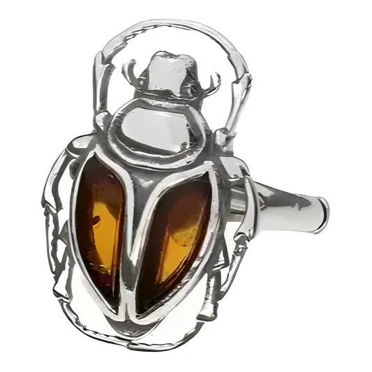 Scarab Cognac Amber Sterling Silver Adjustable Ring