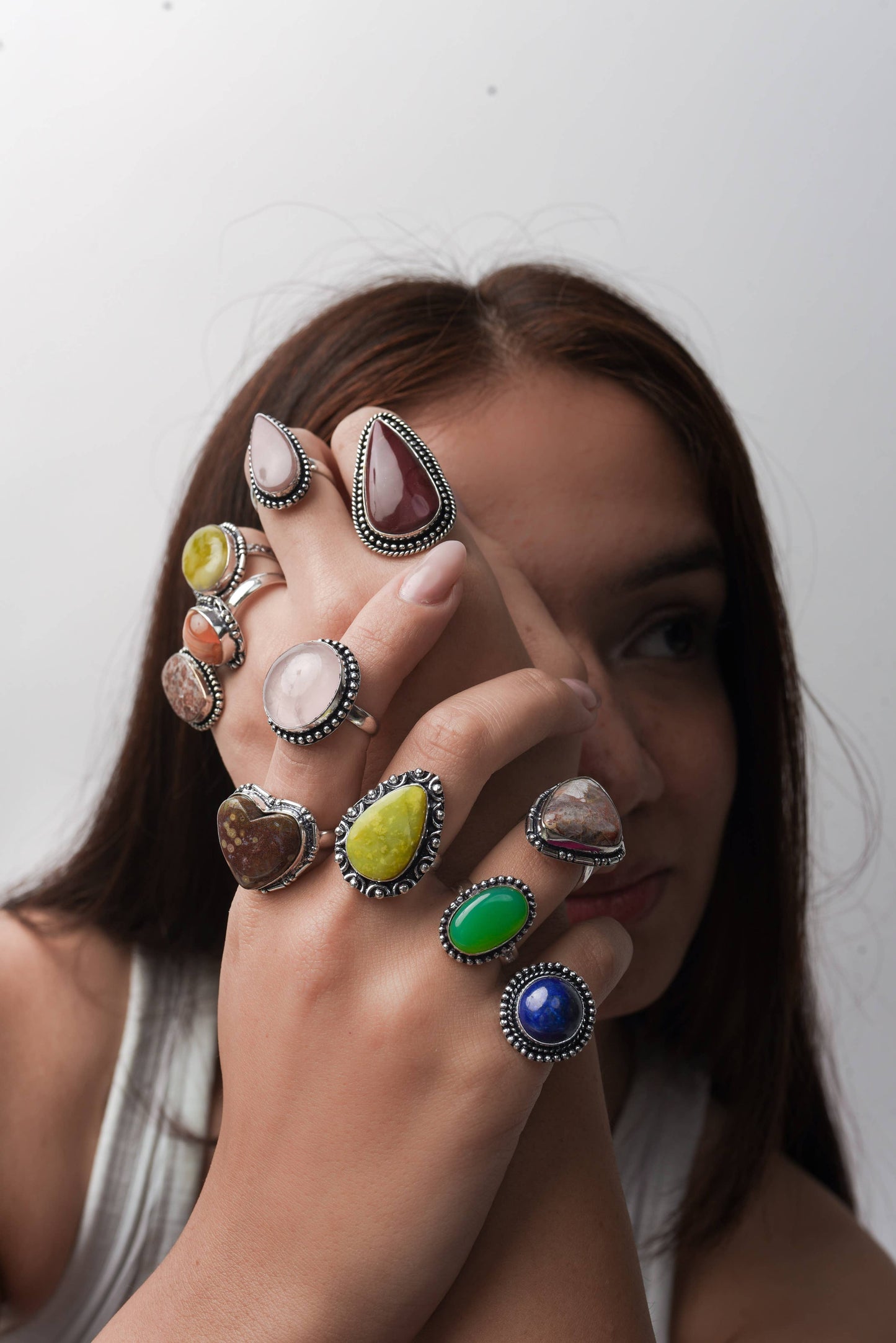 Assorted Semiprecious Stone Rings ☆ Silver Plated, Mixed Sizes, Assorted Designs