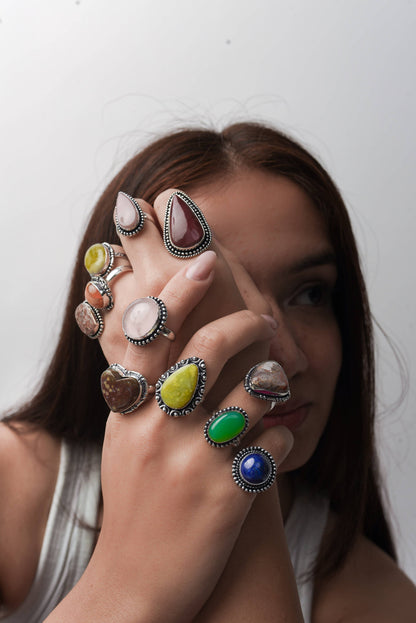 Assorted Semiprecious Stone Rings ☆ Silver Plated, Mixed Sizes, Assorted Designs