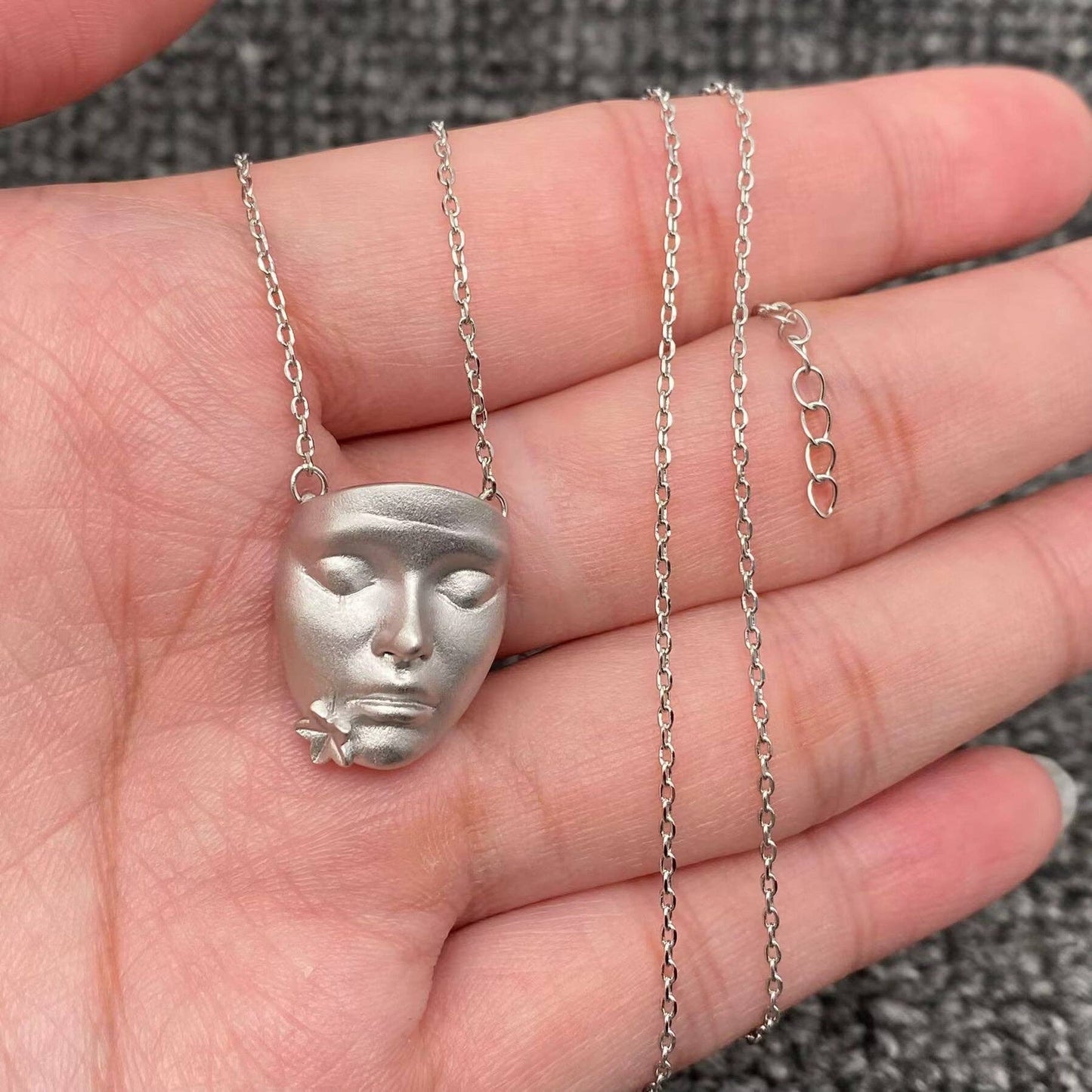 Tears Turn Into Flower Silver Tone Face Charm Necklace