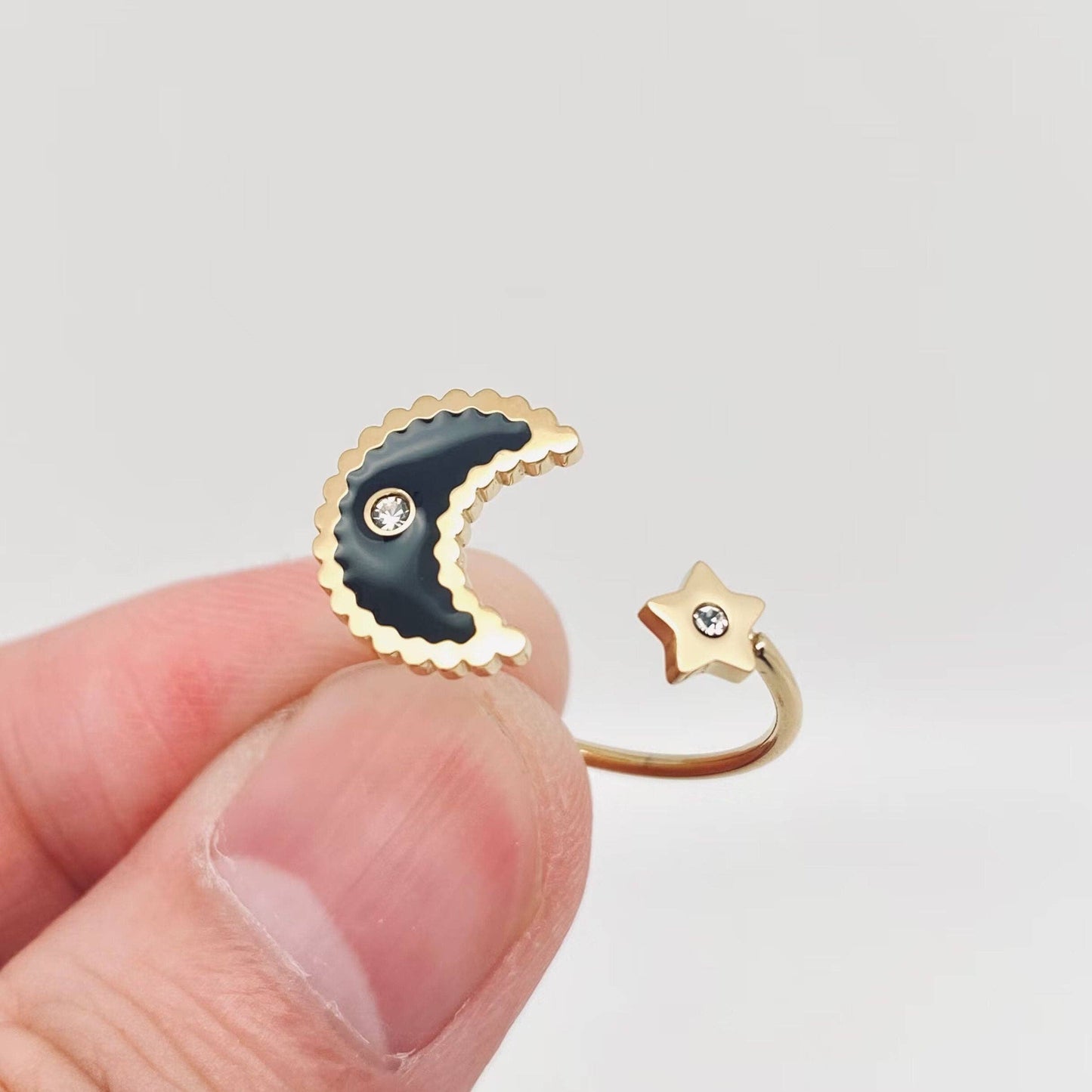Black Enamel Moon & Star Stainless Steel Adjustable Ring