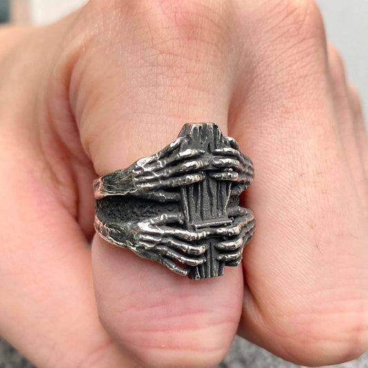 Stainless Steel Skeleton Hand Coffin Ring