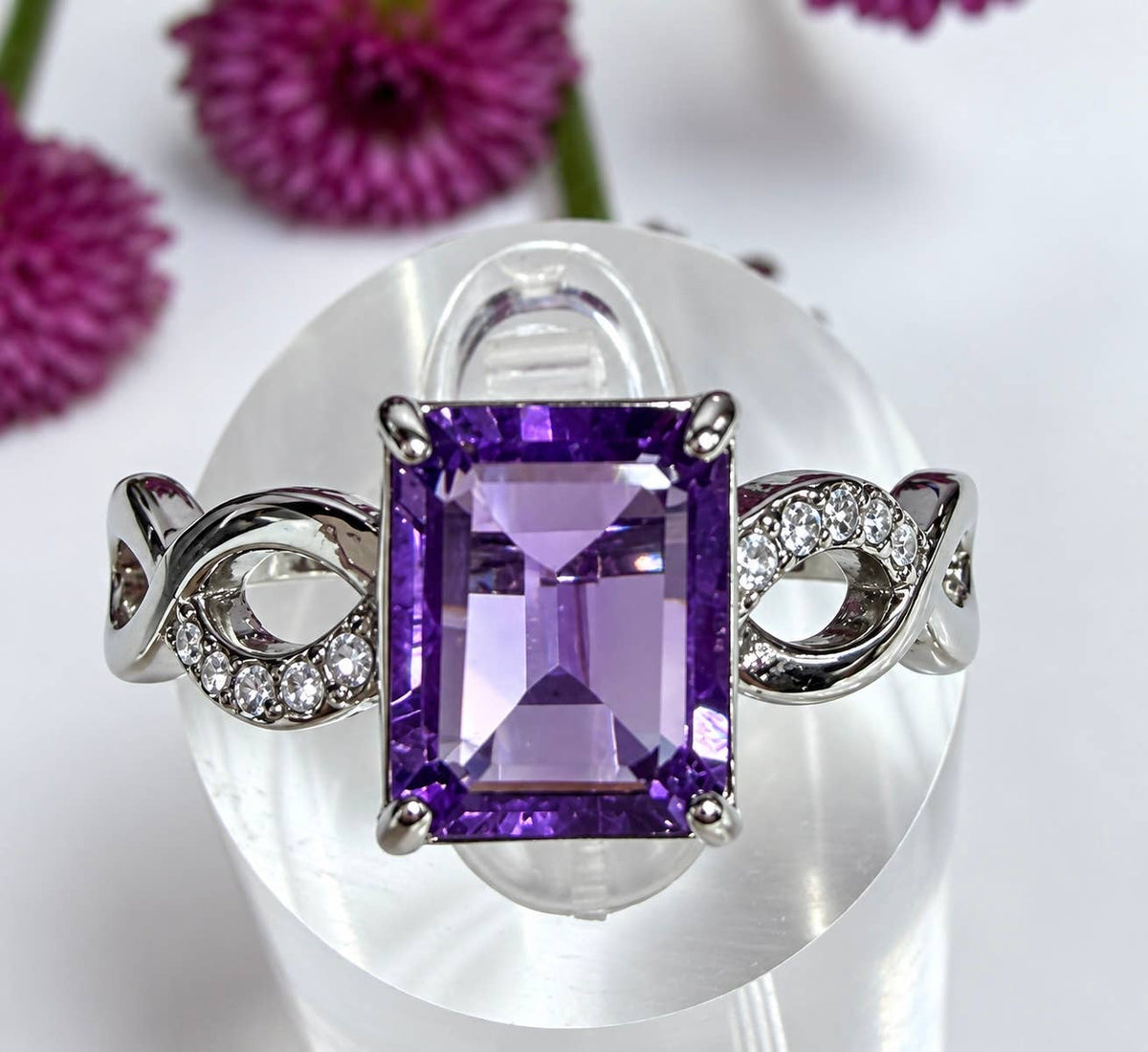 Natural Amethyst Emerald Cut Stainless Steel Ring 7x9mm