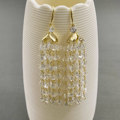 White Crystal Fringe Long Tassel Earrings