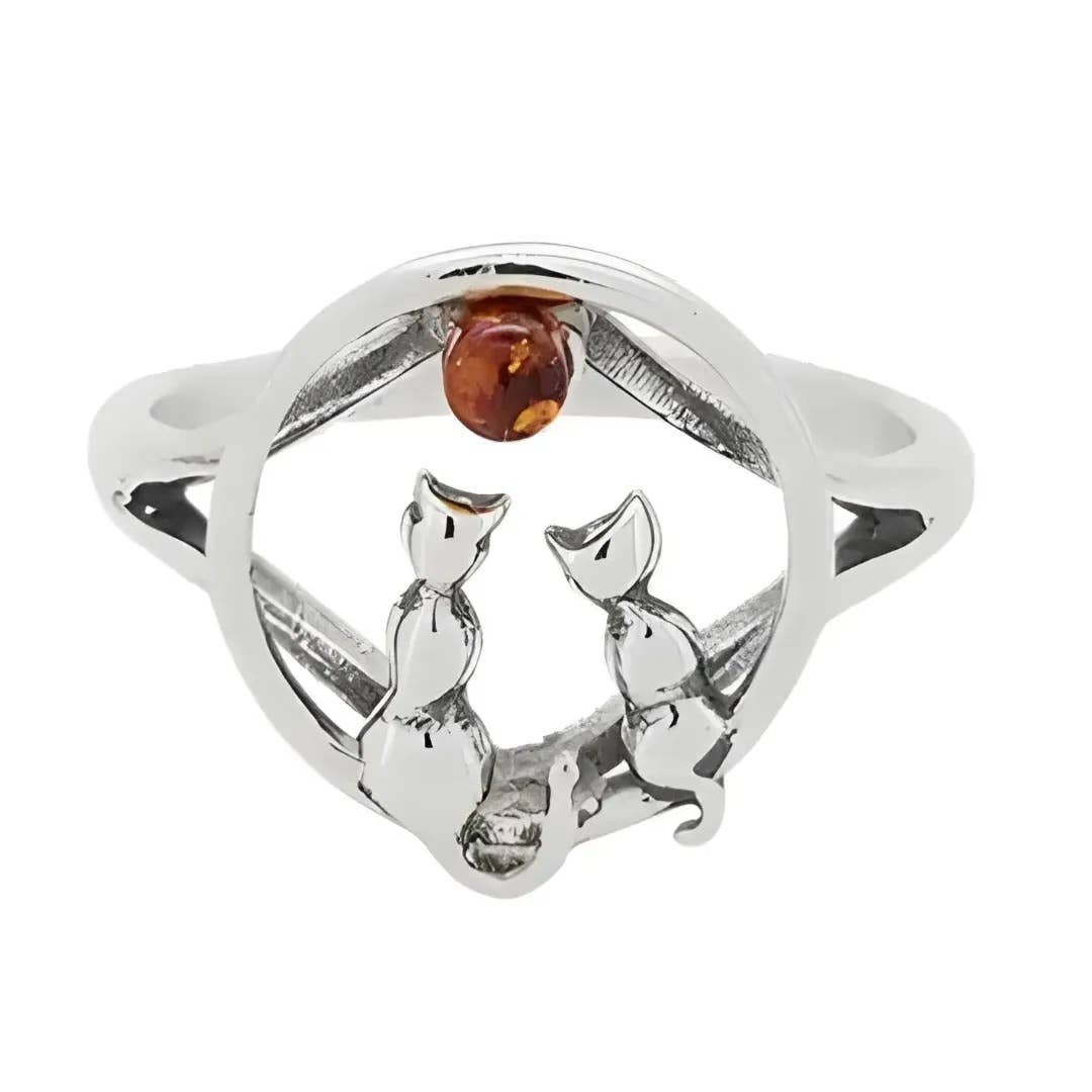 Cognac Amber Sterling Silver Cats Ring