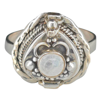 Heart-Shaped Moonstone Silver Locket Poison Ring