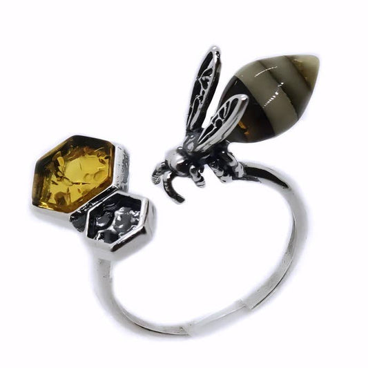 Bee Amber Silver Adjustable Ring