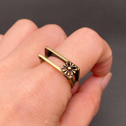 Hollowed Square Bronze Daisy Adjustable Ring