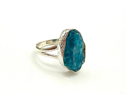 Blue Apatite Rough Semi-Precious Gemstone 925 Silver Ring