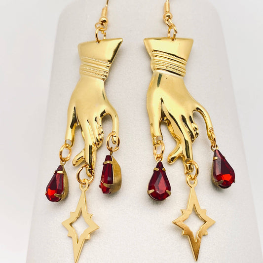 Fortune Teller Golden Hand Red Rhinestone Pendant Earrings Gothic
