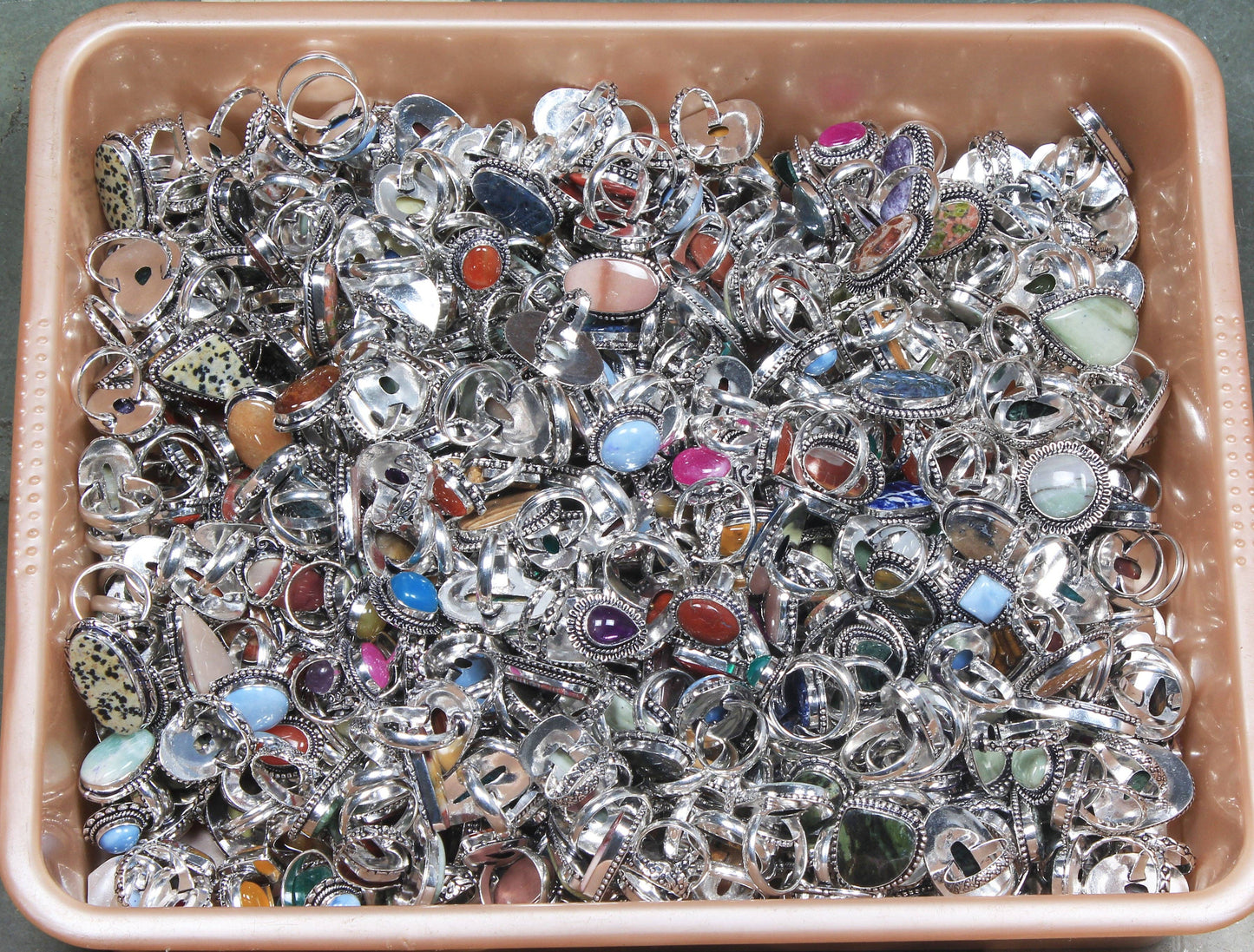 Assorted Semiprecious Stone Rings ☆ Silver Plated, Mixed Sizes, Assorted Designs