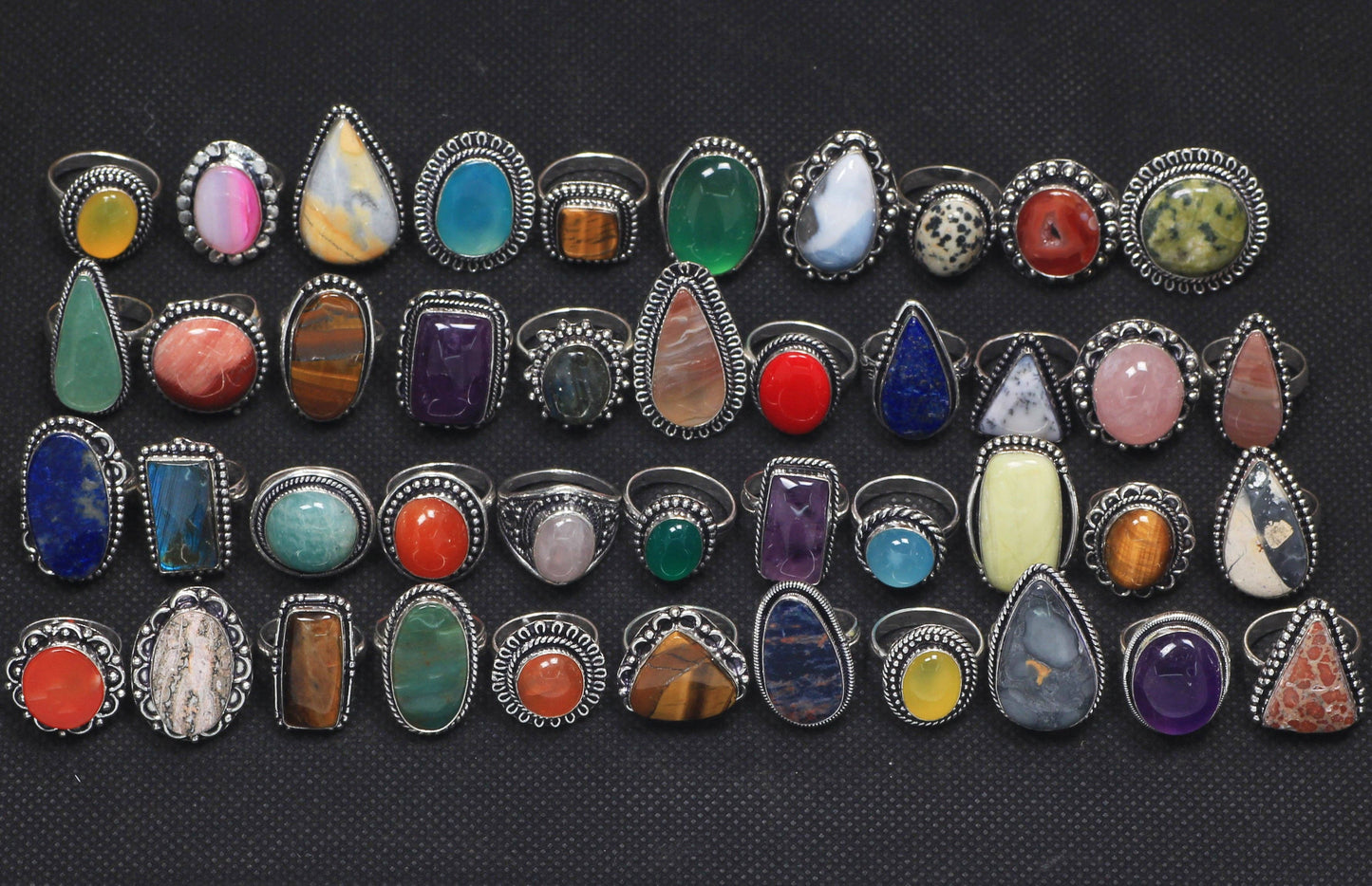 Assorted Semiprecious Stone Rings ☆ Silver Plated, Mixed Sizes, Assorted Designs