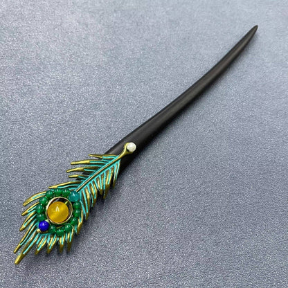 Classic Agate Metal Peacock Feather Long Ebony Wood Hairpin