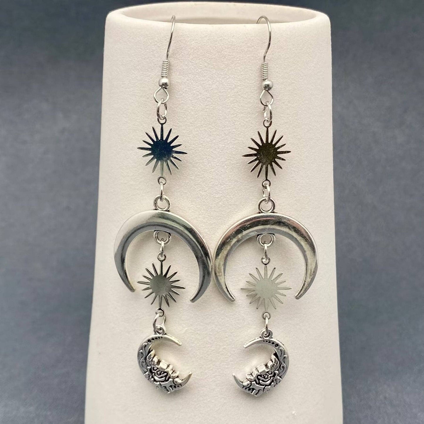 Silver Tone Star Moon Linked Dangle Earrings