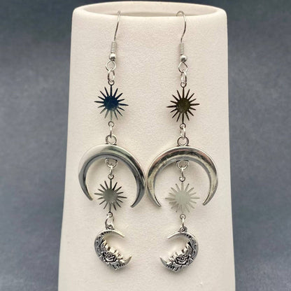 Silver Tone Star Moon Linked Dangle Earrings