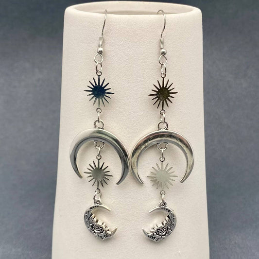 Silver Tone Star Moon Linked Dangle Earrings