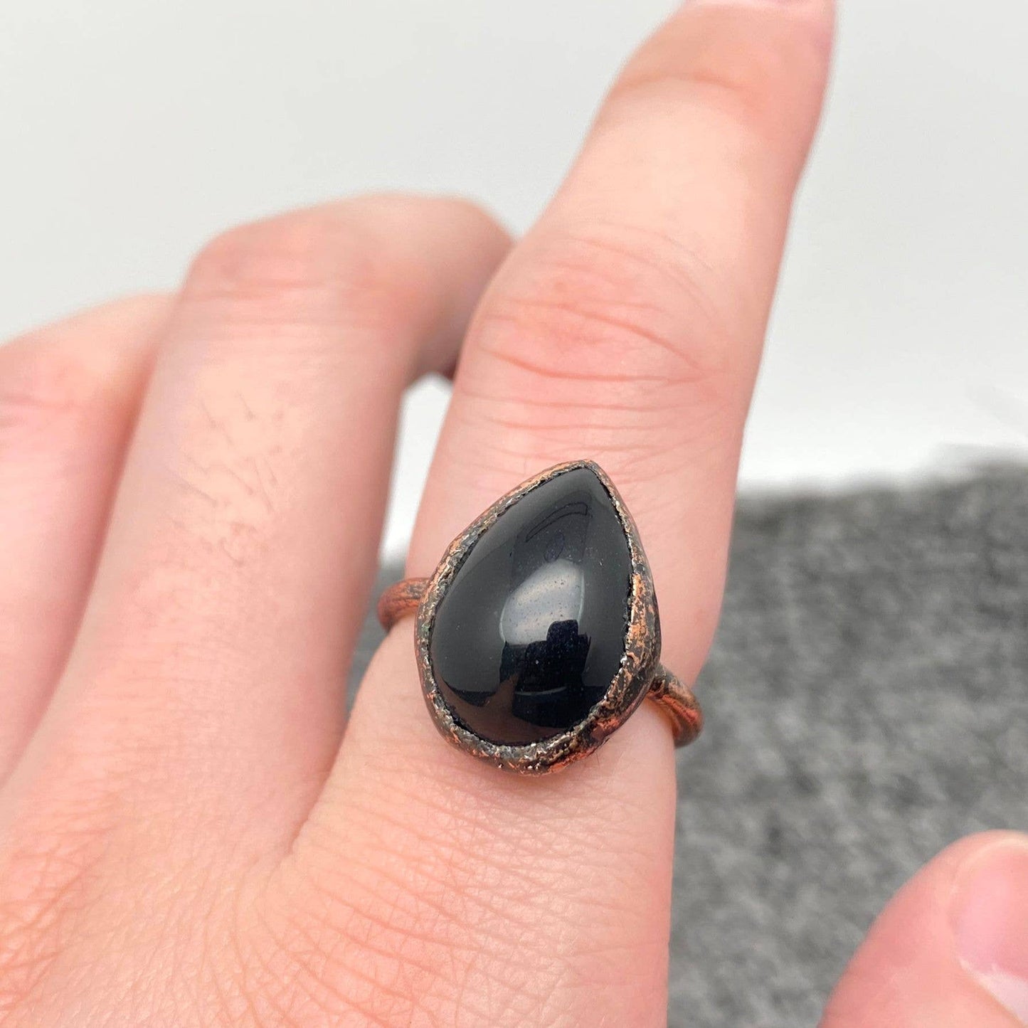 Drop-Shaped Black Agate Adjustable Ring